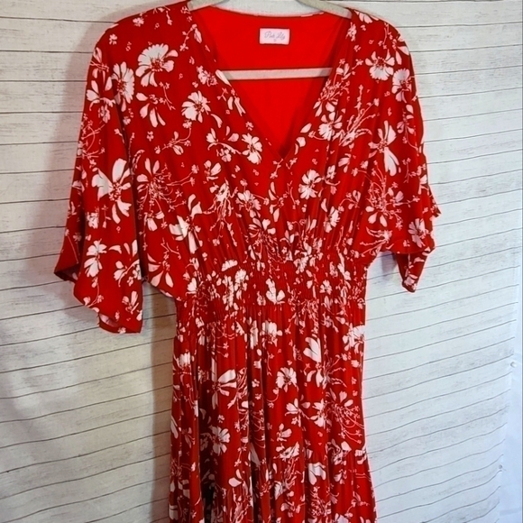 PINK LILY FLORAL V NECK MAXI DRESS IM RED ORANGE, SZ SMALL - Picture 2 of 14
